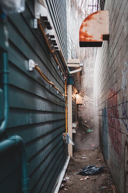 A narrow alleyway situated between a dark green, horizontally-paneled building on the left and a tall, weathered brick wall on the right. The alley is cluttered with scattered debris, including a blac